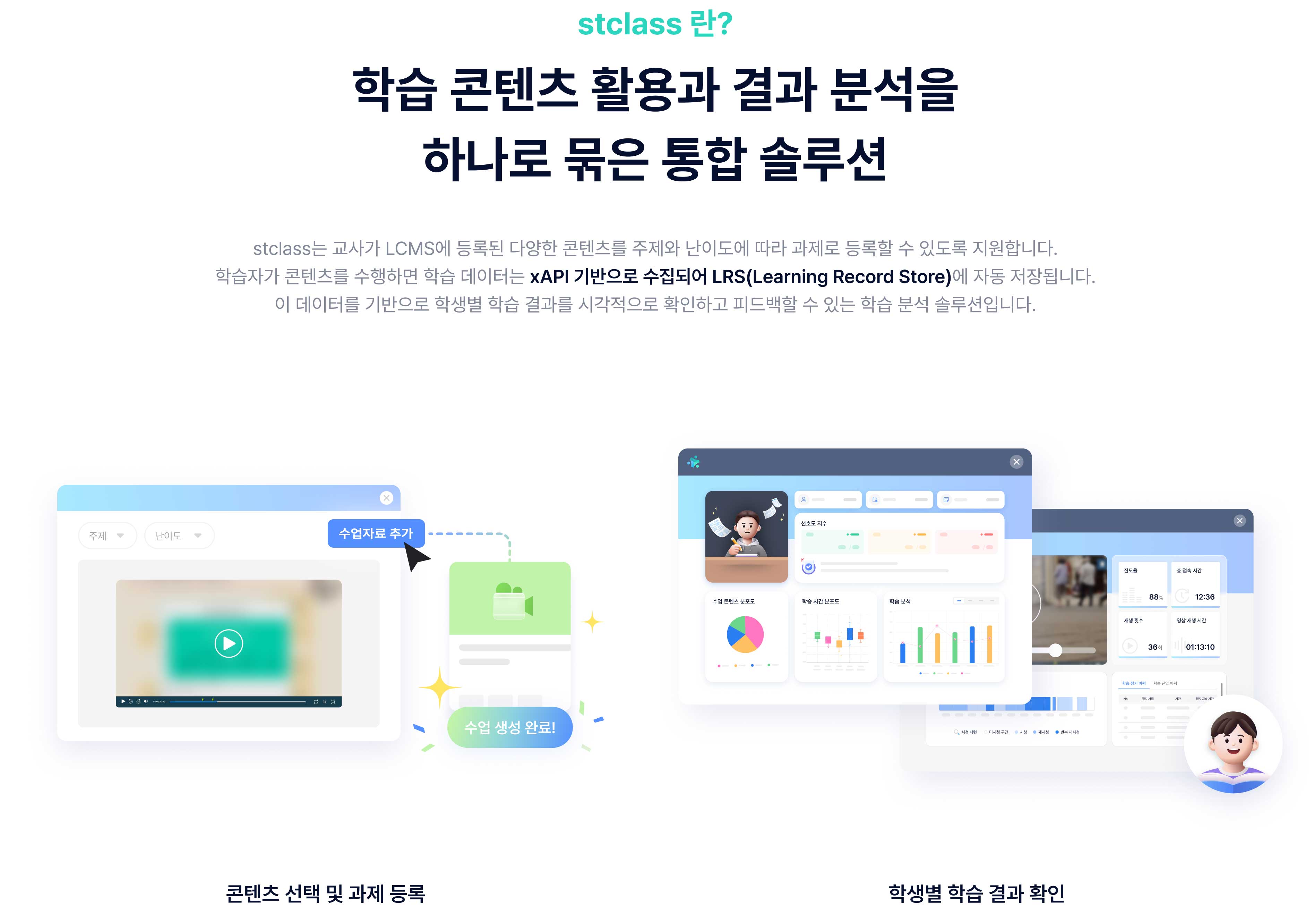 stclass는 교사가 LCMS에 등록된 다양한 콘텐츠를 주제와 난이도에 따라 과제로 등록할 수 있도록 지원합니다. 학습자가 콘텐츠를 수행하면 학습 데이터는 xAPI 기반으로 수집되어 LRS(Learning Record Store)에 자동 저장됩니다. 이 데이터를 기반으로 학생별 학습 결과를 시각적으로 확인하고 피드백할 수 있는 학습 분석 솔루션입니다. | 콘텐츠 선택 및 과제 등록 | 학생별 학습 결과 확인